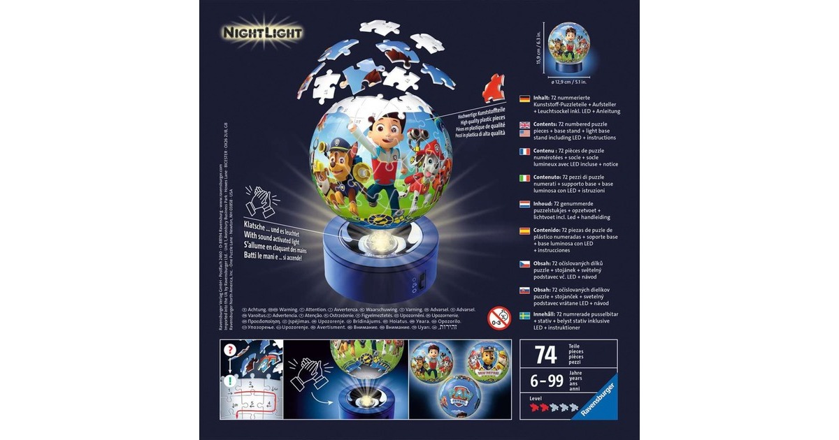 Puzzle 3d ball 72 pieces illuminÉ - pat'patrouille, puzzle