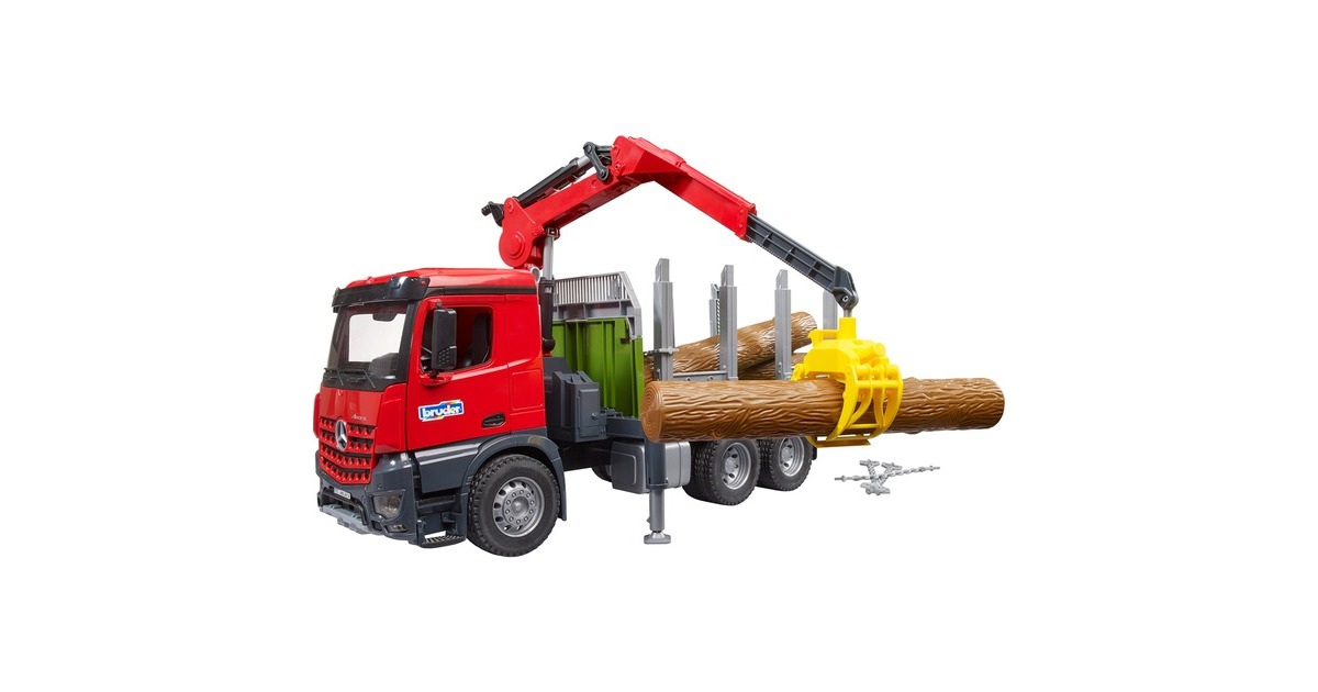 Camion de transport de bois mb arocs avec grue de chargement, grappin et 3  troncs d'arbre v002226 Bruder