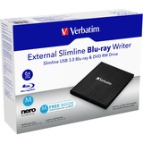 Verbatim External Slimline lecteur de disques optiques Blu-Ray RW Noir, Graveur Blu-ray externe Noir, Noir, Fente, PC de bureau/PC portable, Blu-Ray RW, USB 3.2 Gen 1 (3.1 Gen 1), 145 mm