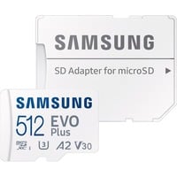 SAMSUNG EVO Plus 512 Go microSDXC (2024), Carte mémoire Blanc, U3, V30, A2, Adaptateur SD inclus